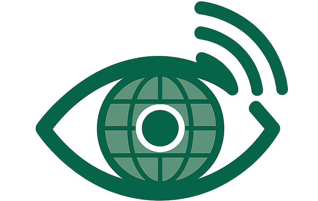 Icône en forme d’œil avec un globe au centre, représentant la visibilité en ligne et la présence sur le web.